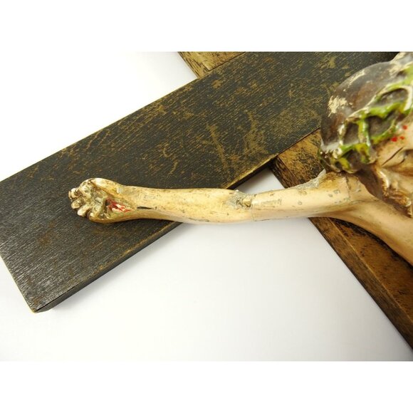 LARGE Wall Crucifix Vintage HEAVY Wear and Damage to Jesus Corpus Needs TLC - Picture 2 of 16